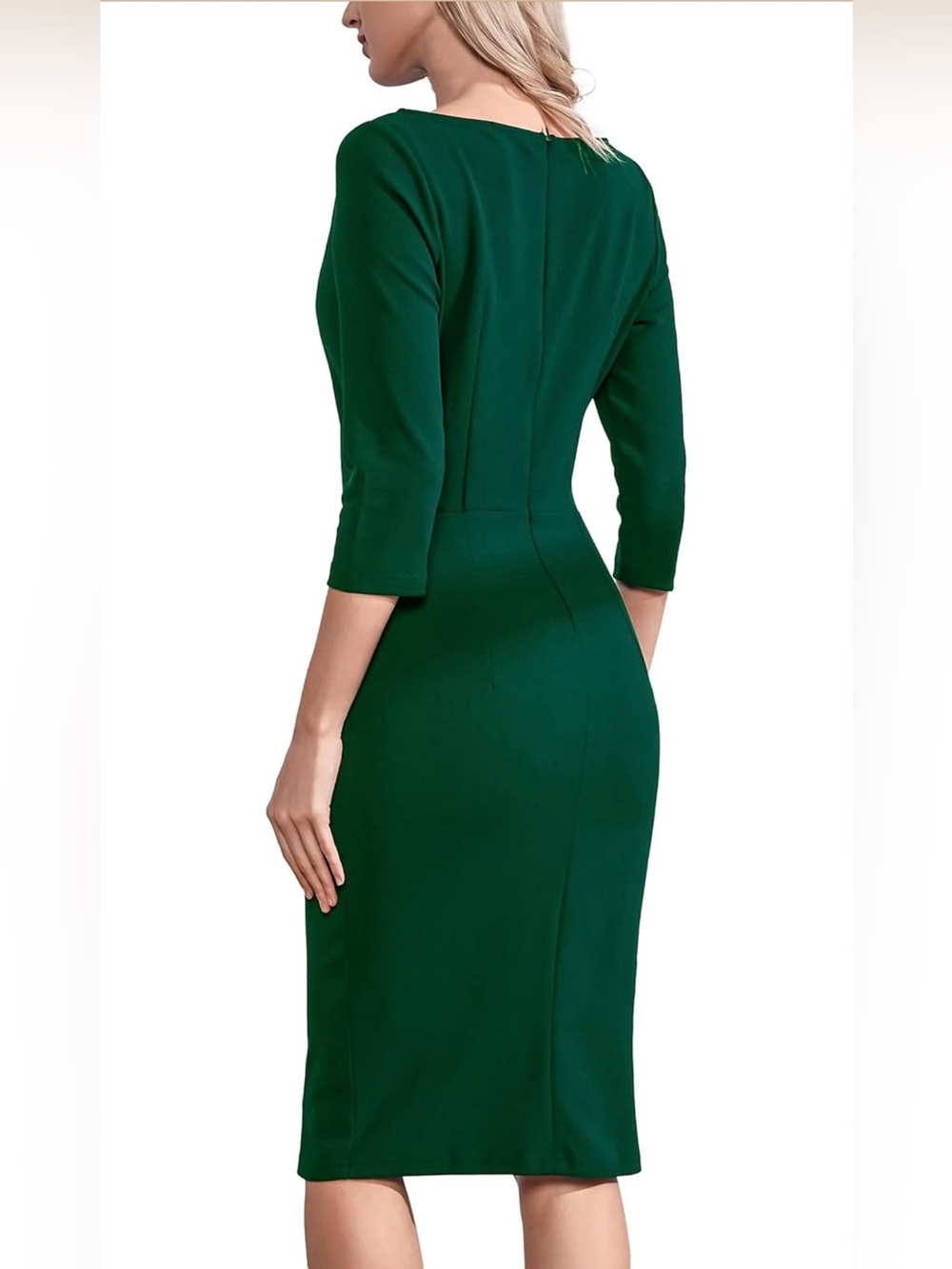 AISIZE Dark Green Ruched Sheath Dress Asymmetric Ruffle 3/4 Sleeve Small NWT - Picture 5 of 16